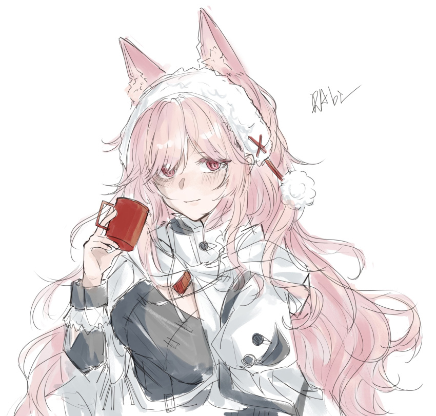 1girl arknights blush breasts cup dress highres holding holding_cup jelly_rabi long_hair medium_breasts messy_hair mug pink_hair pozyomka_(arknights) red_eyes signature simple_background sketch solo upper_body white_background white_dress