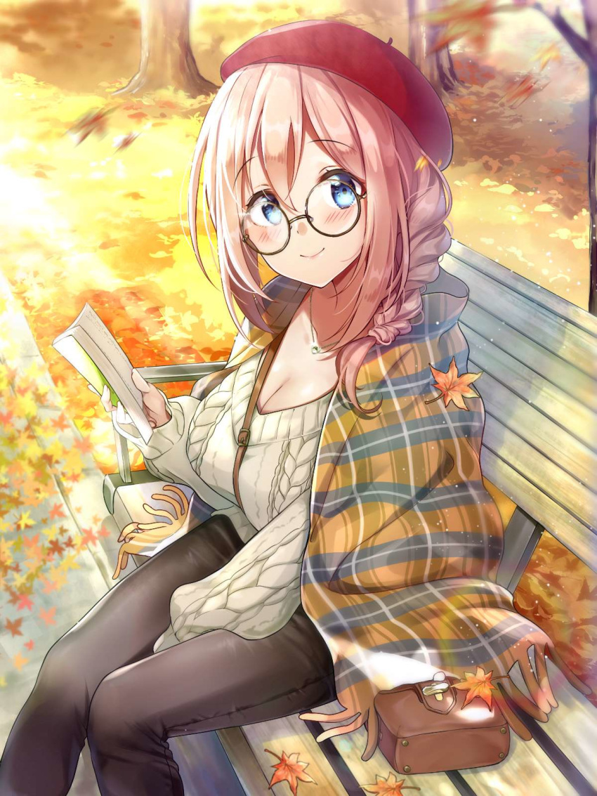 1girl aran_sweater autumn_leaves bag bangs bench beret blue_eyes blush book braid breasts cable_knit cleavage comiket_97 cover cover_page eyebrows_visible_through_hair glasses grey_pants hair_between_eyes hair_over_shoulder handbag hat highres holding holding_book large_breasts leaf long_hair long_sleeves looking_at_viewer maple_leaf maronie. open_book original outdoors pants pink_hair red_headwear ring_necklace sitting solo sweater tree