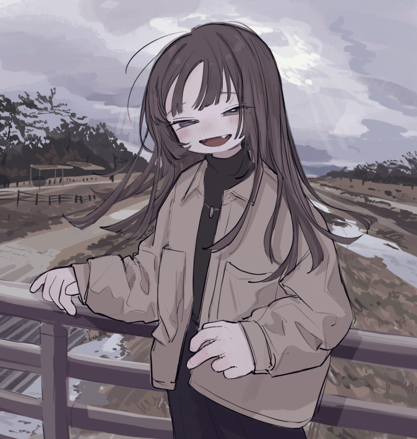 1girl absurdres black_sweater brown_hair brown_jacket cloud cloudy_sky day fang half-closed_eyes highres jacket jewelry long_hair long_sleeves looking_at_viewer necklace open_clothes open_jacket open_mouth original outdoors railing sky solo sweater yunoki_itsugu