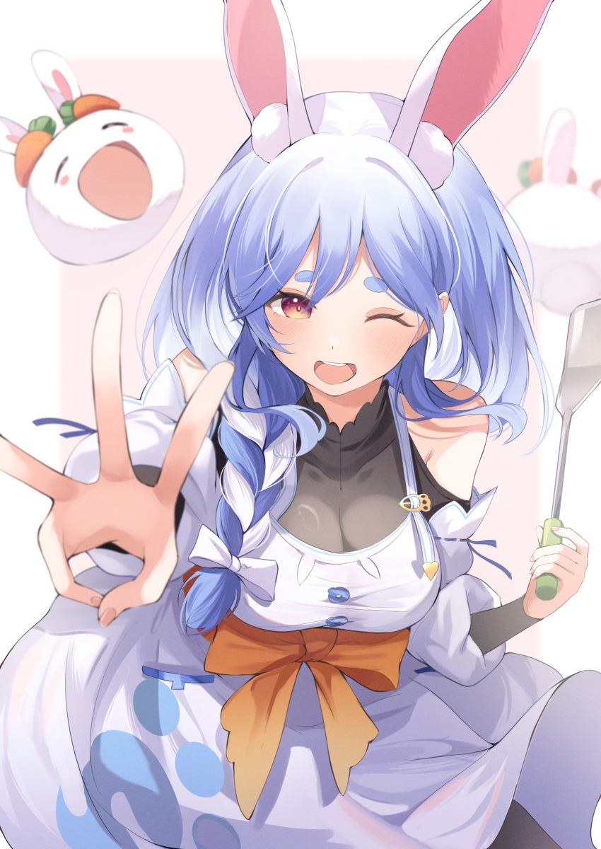 1girl absurdres animal_ear_fluff animal_ears black_bodysuit blue_hair blush bodysuit bow breasts cleavage detached_sleeves dress eat_some_cookie hair_bow highres holding holding_spatula hololive large_breasts mature_female multicolored_hair one_eye_closed open_mouth pekomama pekomon_(usada_pekora) rabbit-shaped_pupils rabbit_ears rabbit_girl short_eyebrows smile spatula streaked_hair symbol-shaped_pupils teeth upper_teeth_only virtual_youtuber white_bow white_dress white_hair white_sleeves