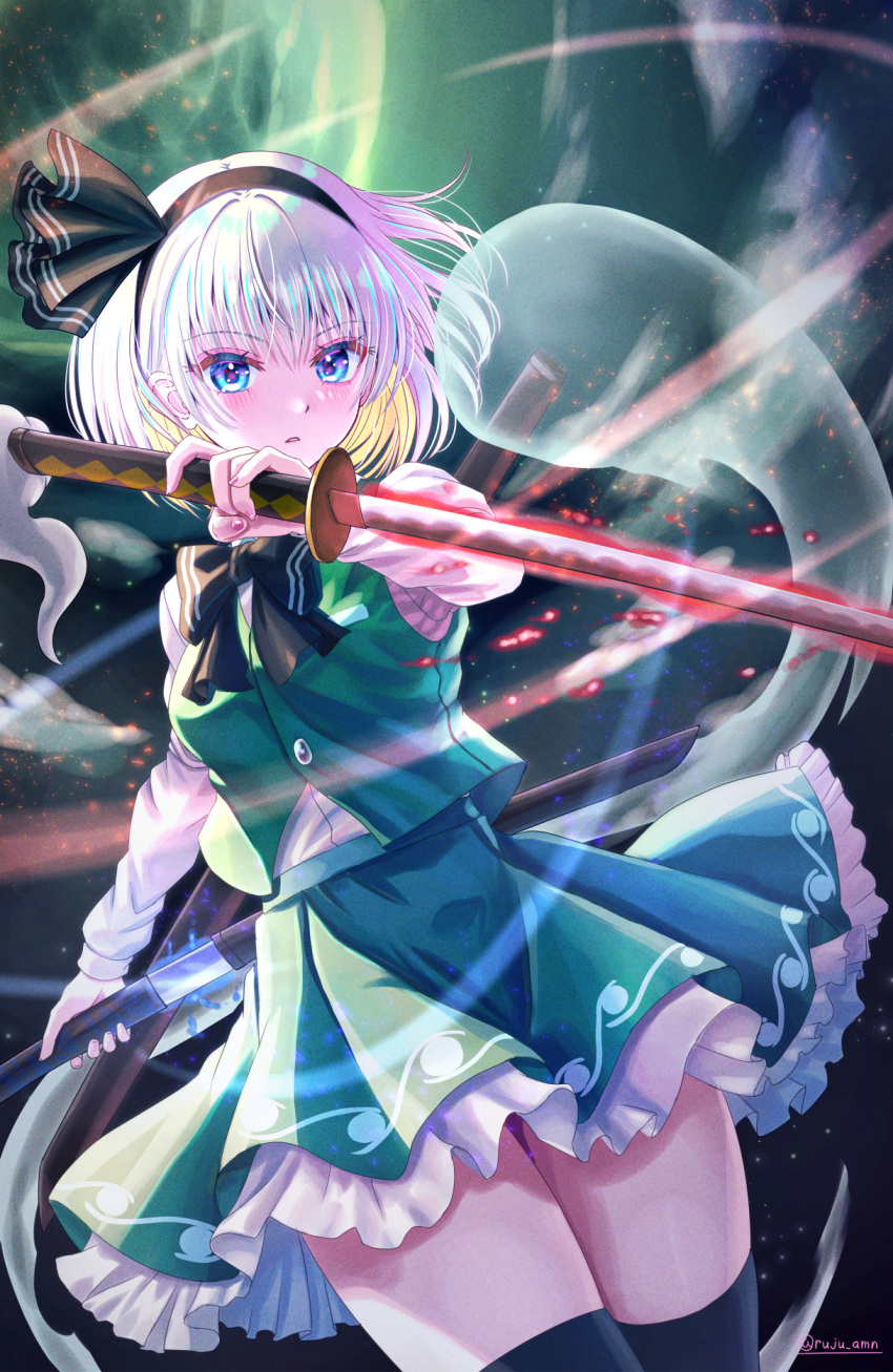 1girl aura black_bow black_hairband black_ribbon black_thighhighs blue_eyes blush bow breasts commentary cowboy_shot energy_sword eyelashes eyes_visible_through_hair fighting_stance fingernails floating_hair foreshortening frilled_skirt frills full_moon green_skirt green_vest hair_between_eyes hair_ribbon hairband hand_up highres holding holding_sword holding_weapon katana konpaku_youmu konpaku_youmu_(ghost) long_sleeves looking_at_viewer magatama_print moon night night_sky outdoors parted_lips pleated_skirt print_skirt ribbon rouge_(my_rouge) serious shirt short_hair skirt sky small_breasts solo straight_hair sword thighhighs touhou twitter_username vest weapon white_hair white_shirt wind youmu_day zettai_ryouiki