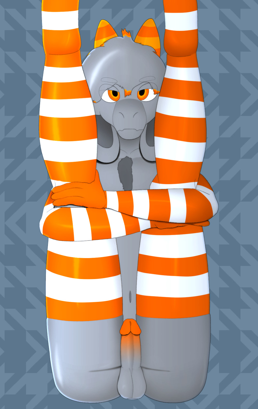 anthro armwear balls body_hair bovid caprine chest_hair clothing elbow_gloves floppy_ears fur genitals glans gloves goat grey_body grey_fur gusta gusta_(gusta) hair handwear hi_res horn legs_up legwear male mammal mostly_nude orange_armwear orange_clothing orange_elbow_gloves orange_glans orange_gloves orange_handwear orange_horn orange_legwear orange_thigh_highs pattern_armwear pattern_clothing pattern_elbow_gloves pattern_gloves pattern_handwear pattern_legwear pattern_thigh_highs penis solo striped_armwear striped_clothing striped_elbow_gloves striped_gloves striped_handwear striped_legwear striped_thigh_highs stripes thigh_highs