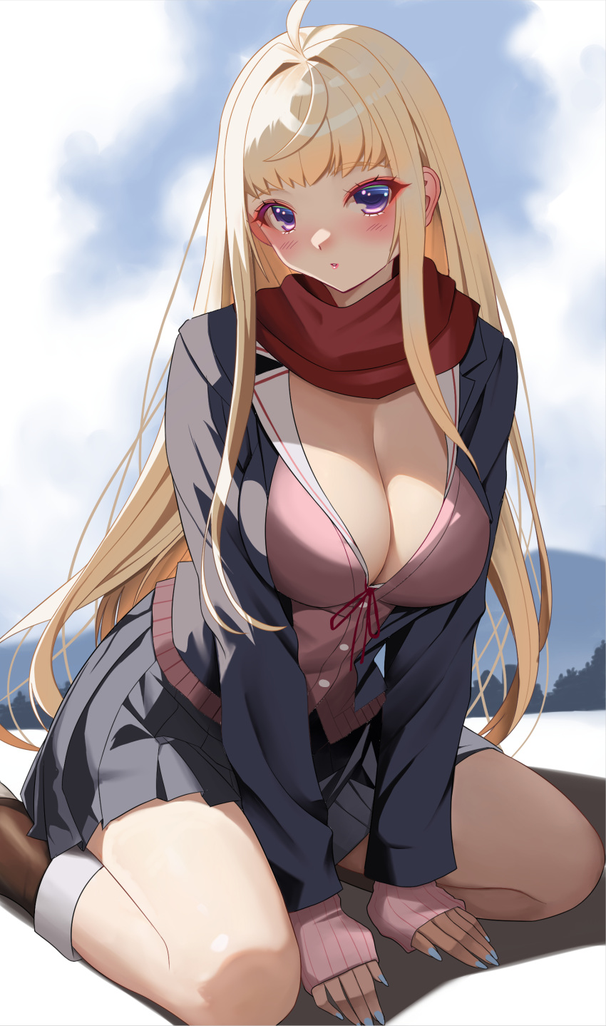 1girl absurdres ahoge akihiro0920 arms_between_legs black_jacket black_skirt blonde_hair breasts brown_footwear cardigan cleavage cloud cloudy_sky commentary_request day dosanko_gal_wa_namaramenkoi forest fuyuki_minami highres jacket large_breasts long_hair long_sleeves mountainous_horizon nail_polish nature open_mouth outdoors pink_cardigan purple_eyes sailor_collar sidelocks sitting skirt sky snow solo uniform wariza white_sailor_collar