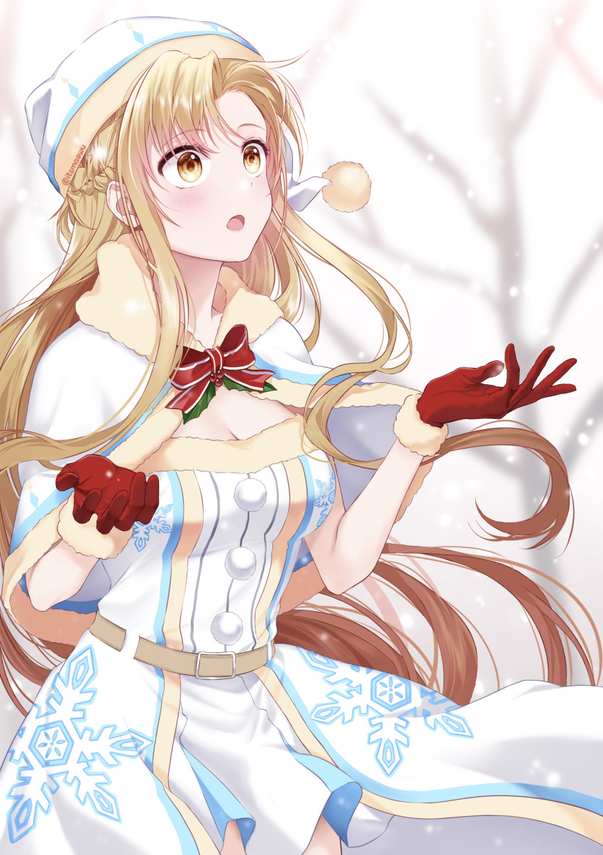 1girl :o absurdres alternate_costume asuna_(sao) bare_tree belt blue_capelet blue_dress blue_hat blush bow bowtie braid breasts brown_belt capelet cleavage dress french_braid fur-trimmed_capelet fur-trimmed_gloves fur_trim gloves hair_ornament hands_up hat highres istriri light_brown_hair long_hair medium_breasts nightcap open_mouth orange_eyes outdoors pom_pom_(clothes) red_bow red_bowtie red_gloves shrug_(clothing) snowflake_hair_ornament snowing solo sword_art_online tree upper_body white_capelet white_dress white_hat winter