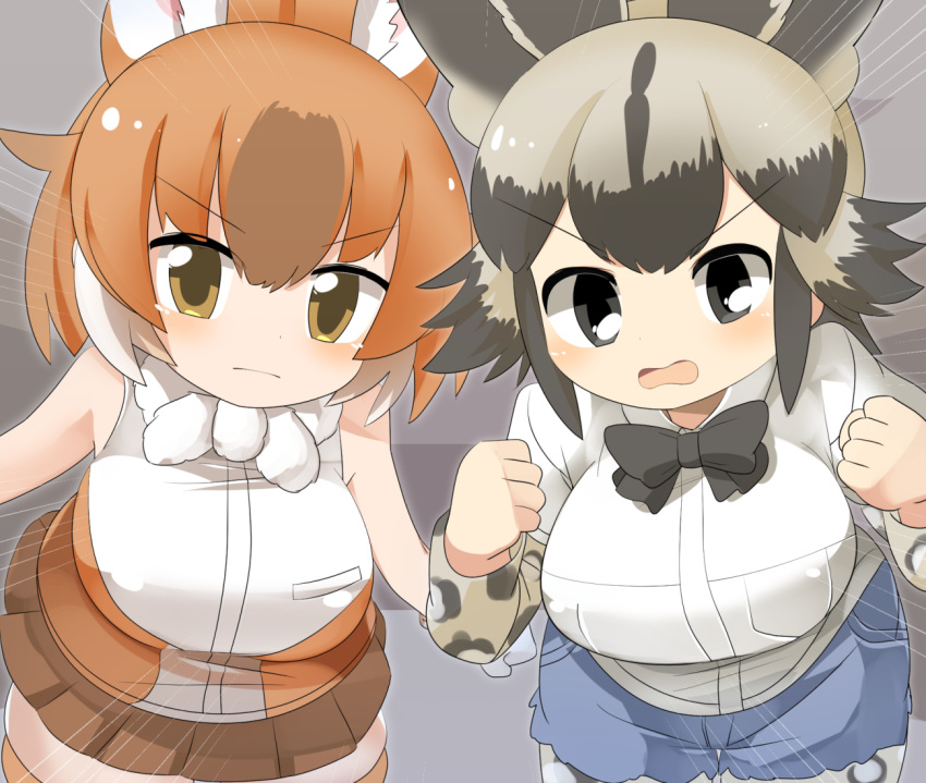 african_wild_dog_(kemono_friends) african_wild_dog_print animal_ears bare_shoulders black_hair blush bow bowtie breasts brown_hair dhole_(kemono_friends) dog_ears dog_girl dog_tail extra_ears gloves kemono_friends kemono_friends_3 large_breasts lets0020 long_sleeves looking_at_viewer multicolored_hair multiple_girls open_mouth pov shirt short_hair short_sleeves shorts skirt sleeveless tail two-tone_hair white_hair