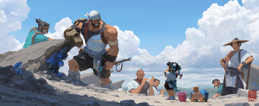 2girls 5boys arm_rest bara beard black_pants boots bucket child clapping closed_eyes cloud day facial_hair grin hands_on_own_hips hat highres holding holding_pickaxe kan_liu_(666k) laughing medium_hair multiple_boys multiple_girls muscular muscular_male mustache open_mouth original outdoors pants pickaxe pointy_ears prosthesis prosthetic_arm robe rock seal_impression shoes short_hair sidelocks signature smile straw_hat sunglasses teeth wagon white_robe