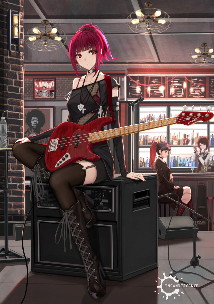 3girls amplifier_(instrument) bass_guitar boots brick_wall garter_straps high_heel_boots high_heels highres indoors instrument jimi_hendrix knee_boots long_sleeves multiple_girls original platform_boots platform_footwear platform_heels red_eyes red_hair scenery sitting sitting_on_object the_who thighhighs_under_boots yuzuriha