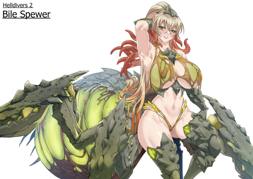 1girl absurdres arachne arm_behind_head armpits arthropod_girl arthropod_limbs bile_spewer blonde_hair breasts carapace character_name copyright_name crossed_bangs english_commentary extra_legs green_eyes helldivers_(series) highres huge_breasts long_hair looking_at_viewer monster_girl navel personification ponytail revealing_clothes solo spider_girl taur tentacle_hair thick_thighs thighs torahime_(roland00) underboob very_long_hair
