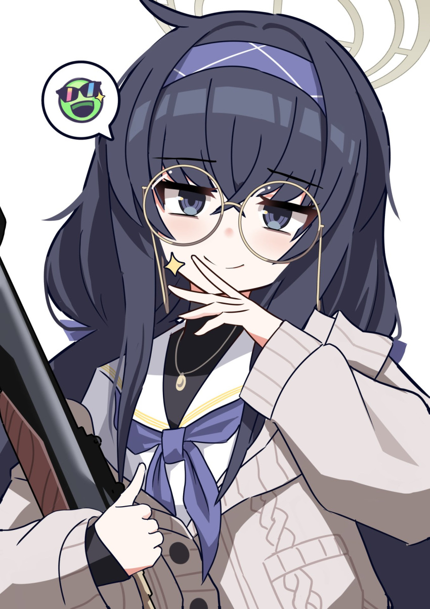 black_eyes black_hair blue_archive blue_headband brown_sweater emoji glasses gun halo head_tilt headband highres holding holding_gun holding_weapon jewelry looking_at_viewer necklace smile sweater ui_(blue_archive) weapon xaiqi yellow_halo