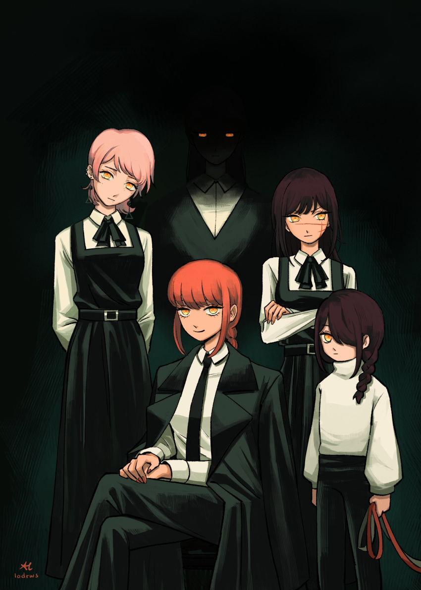 5girls arms_behind_back artist_name asymmetrical_bangs black_hair black_necktie black_pants braid braided_ponytail breasts brown_hair business_suit chainsaw_man child collared_shirt cross_scar crossed_arms death_devil_(chainsaw_man) dress earrings expressionless fami_(chainsaw_man) family_portrait formal glowing glowing_eyes habit highres holding holding_leash jewelry leash lodrws long_hair looking_at_viewer looking_to_the_side makima_(chainsaw_man) medium_breasts medium_hair mole mole_on_cheek mole_under_eye mole_under_mouth multiple_girls multiple_moles nayuta_(chainsaw_man) neck_ribbon necktie nun office_lady pants pinafore_dress pink_hair red_hair ribbon ringed_eyes scar scar_on_cheek scar_on_face scar_on_nose school_uniform shaded_face shirt shirt_tucked_in siblings sidelocks signature simple_background sisters sitting sleeveless sleeveless_dress smile strawberry_parfait suit tall_female tassel tassel_earrings traditional_nun white_shirt yellow_eyes yoru_(chainsaw_man)