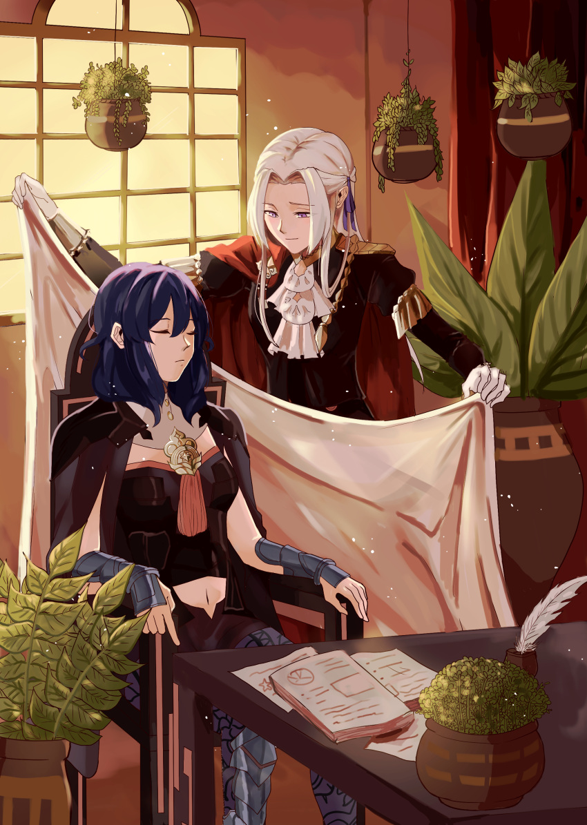 2girls absurdres blue_hair byleth_(female)_(fire_emblem) byleth_(fire_emblem) closed_eyes coat edelgard_von_hresvelg fire_emblem fire_emblem:_three_houses flying-frappuccino hairband highres indoors long_hair looking_at_another military military_uniform multiple_girls purple_eyes sitting sleeping smile uniform white_hair yuri