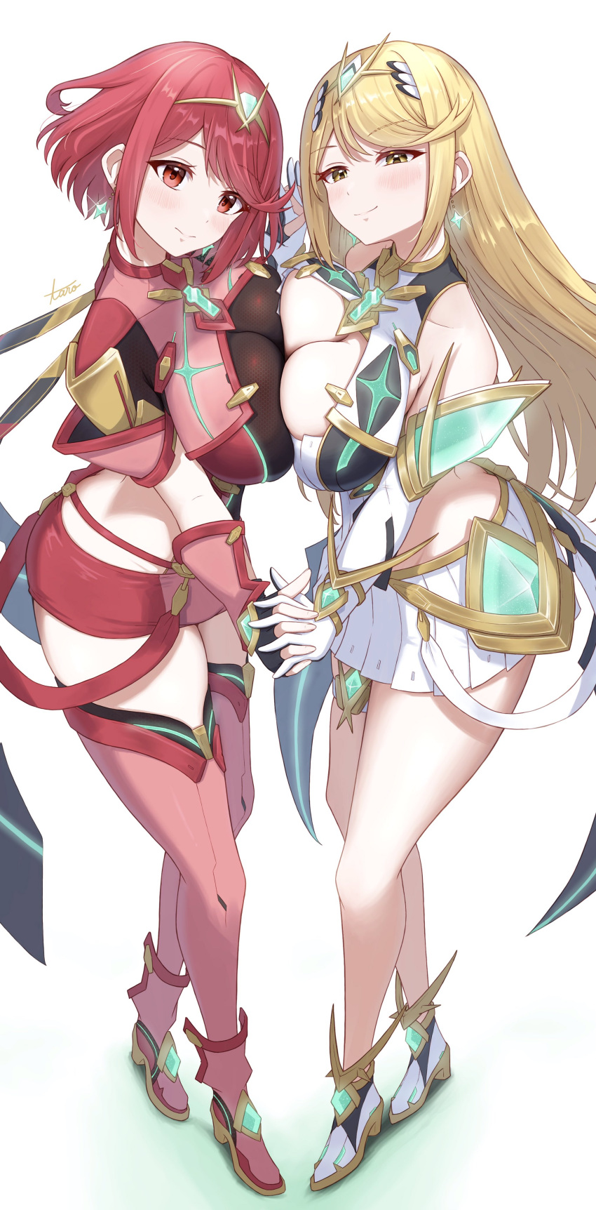 absurdres blonde_hair chest_jewel cleavage_cutout clothing_cutout core_crystal_(xenoblade) dangle_earrings dress drop_earrings earrings gem girl_sandwich headpiece highres holding_hands impossible_clothes jewelry light_smile looking_at_viewer microdress mythra_(xenoblade) pantyhose pyra_(xenoblade) red_eyes red_hair red_shorts sandwiched shorts taro_(peach_taro51) thighhighs thighhighs_over_pantyhose tiara xenoblade_chronicles_(series) xenoblade_chronicles_2 yellow_eyes