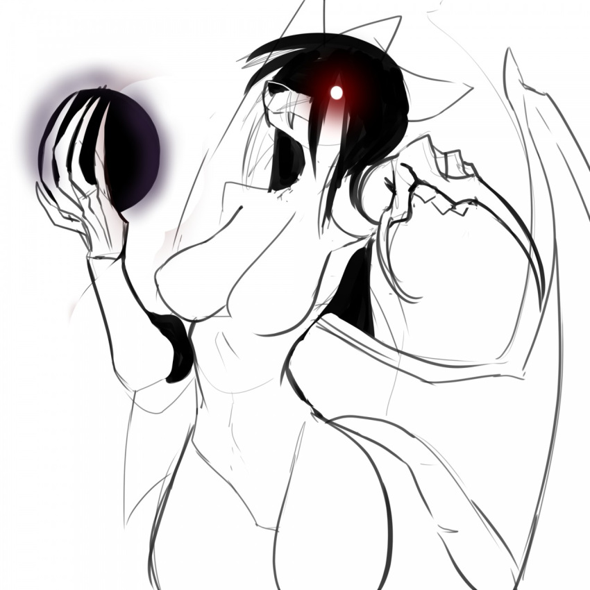 1:1 anthro black_and_white black_hair breasts canid canine claws fangs female fox gesture hair hand_gesture hi_res humanculi looking_at_viewer magic mammal monochrome pointing red_eyes sagging_breasts sketch solo tail teeth the_sake_ninja true_fox vampire wings