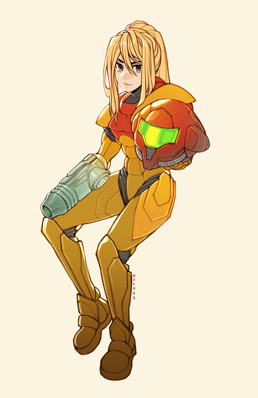 1girl arm_cannon armor assault_visor blonde_hair blue_eyes full_body hair_between_eyes helmet highres holding holding_helmet long_hair looking_at_viewer metroid oxcoxa ponytail power_armor power_suit_(metroid) samus_aran signature simple_background solo unworn_headwear unworn_helmet weapon yellow_background