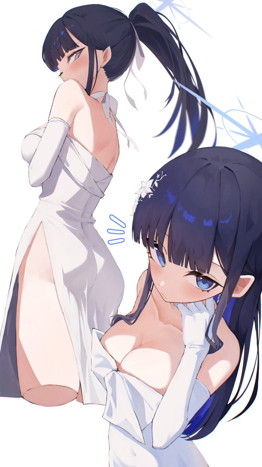 1girl 200f_(nifu) absurdres ass blue_archive blue_eyes blue_hair blue_halo blunt_bangs blush breasts cleavage closed_mouth commentary_request cropped_legs dress elbow_gloves gloves halo hand_up highres large_breasts long_hair looking_at_viewer looking_back multiple_views notice_lines official_alternate_costume ponytail saori_(blue_archive) saori_(dress)_(blue_archive) side_slit simple_background strapless strapless_dress white_background white_dress white_gloves