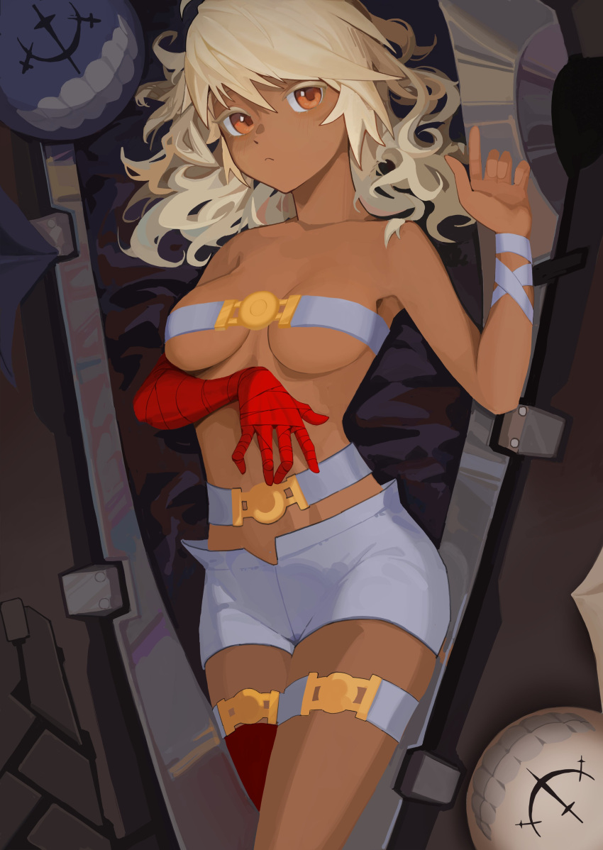 1girl absurdres bandaged_arm bandages belt_bra blonde_hair breasts dark-skinned_female dark_skin ddul_(hauluimubingoj1) guilty_gear guilty_gear_xrd hair_between_eyes highres large_breasts long_hair looking_at_viewer lucifero_(guilty_gear) navel orange_eyes ramlethal_valentine red_bandage short_shorts shorts thigh_strap underboob white_shorts