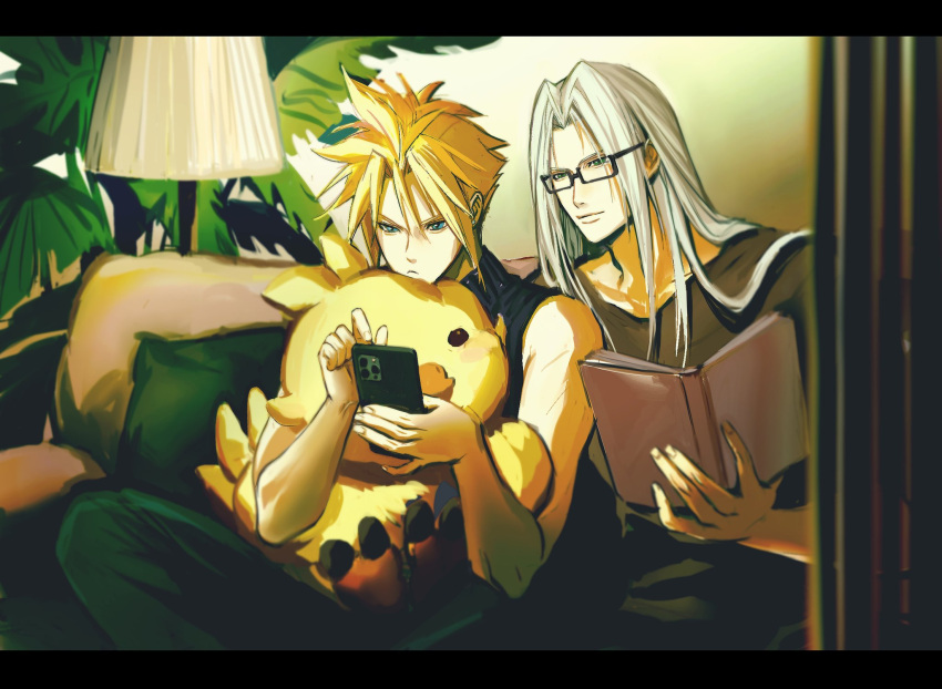 2boys alternate_costume alternate_universe annoyed black_pants black_sweater blonde_hair blue_eyes book brown_shirt casual cellphone chinese_commentary chocobo cloud_strife commentary contemporary couch final_fantasy final_fantasy_vii frown glasses green_eyes grey_hair hands_up highres holding holding_book holding_phone hugging_doll hugging_object indoors iphone lamp lampshade leaning_to_the_side light_smile long_hair looking_down male_focus multiple_boys night on_couch open_book pants parted_bangs phone plant potted_plant sephiroth shirt short_hair sitting sleeveless sleeveless_sweater sleeveless_turtleneck smartphone spiked_hair stuffed_animal stuffed_toy sweater toned toned_male turtleneck turtleneck_sweater upper_body window zeta_0513