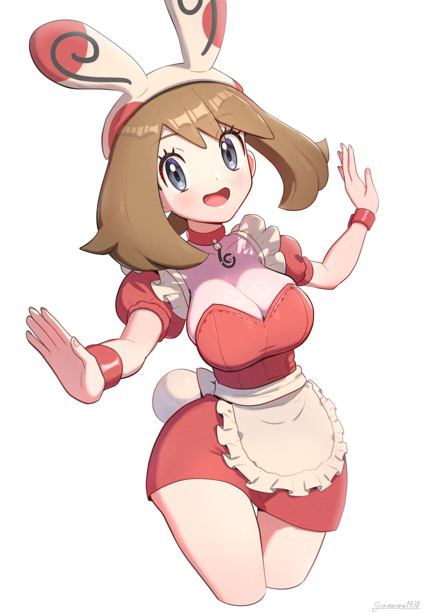 1girl absurdres alternate_costume animal_ear_headwear apron breasts brown_hair choker cleavage collarbone contrapposto cowboy_shot cropped_legs fake_tail frills gonzarez grey_eyes highres long_hair looking_at_viewer low_neckline maid may_(pokemon) medium_breasts open_mouth outstretched_arms pokemon pokemon_rse puffy_short_sleeves puffy_sleeves short_sleeves simple_background solo tail thigh_gap waist_apron white_background wide_hips wristband