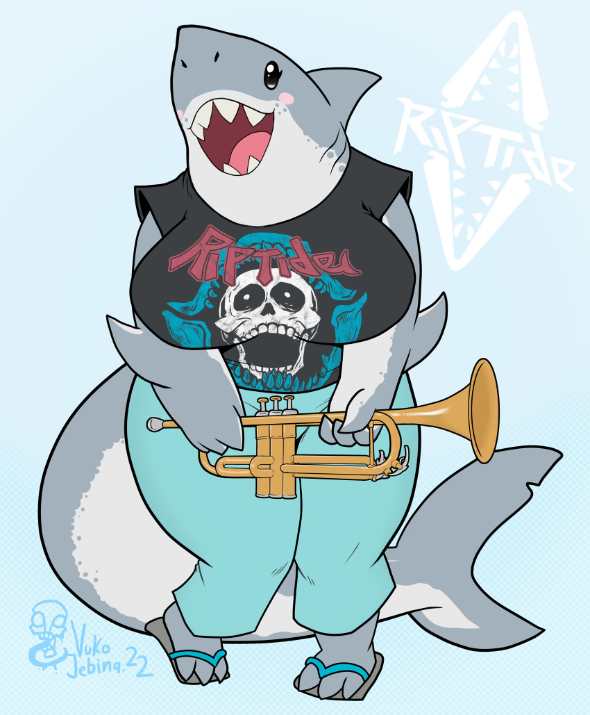 absurd_res anthro beady_eyes big_breasts big_tail black_clothing black_eyes black_topwear blue_background blue_bottomwear blue_clothing blue_pants blush blush_stickers bottomwear brass_instrument breasts clothing eyelashes female fish footwear grey_body grey_scales hi_res holding_musical_instrument holding_object holding_trumpet huge_breasts lamnid lamniform marine musical_instrument open_mouth open_smile pants print_clothing print_topwear salmon_shark sandals scales shark sharp_teeth simple_background smile solo tail teeth thick_thighs topwear trumpet vuko-jebina wide_hips wind_instrument