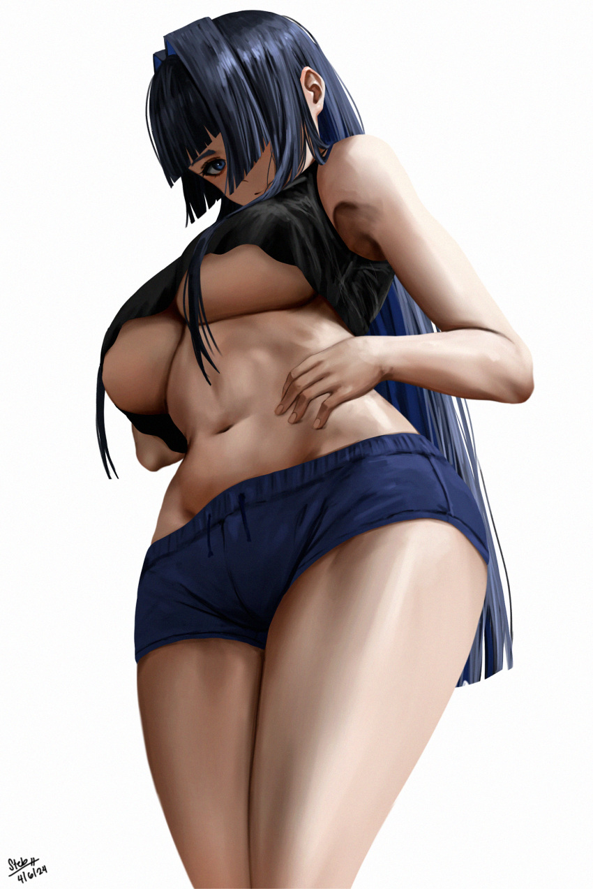 1girl armpits bare_shoulders black_tank_top blue_eyes blue_hair blue_shorts breasts from_below hands_on_own_hips highres holocouncil hololive hololive_english long_hair looking_at_viewer looking_down midriff navel ouro_kronii shorts simple_background solo standing steb stomach tank_top thighs underboob virtual_youtuber wavy_mouth white_background