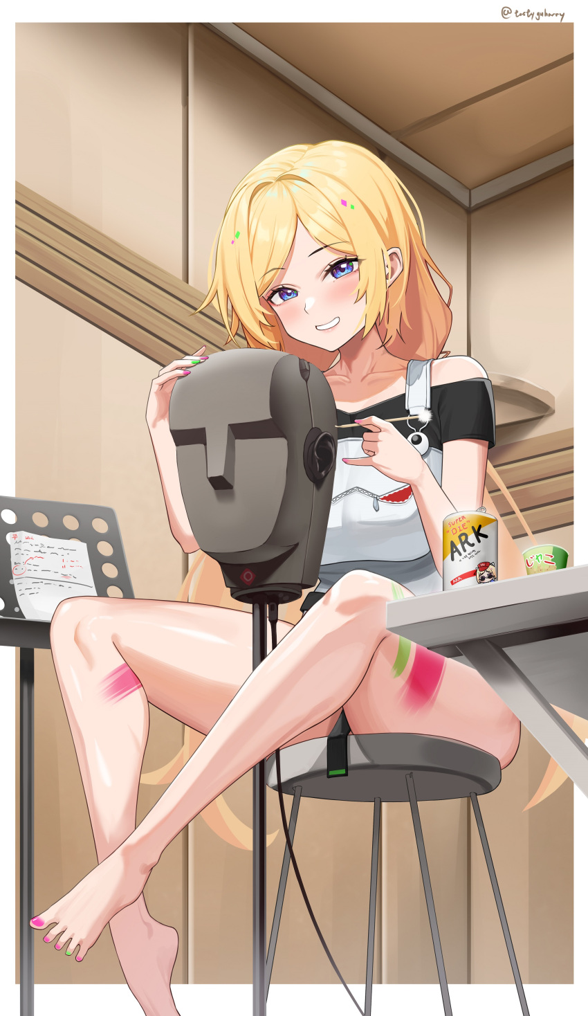 1girl absurdres aki_rosenthal aki_rosenthal_(gaming_casual) barefoot beer_can belt binaural_microphone black_belt black_shirt blonde_hair blue_eyes border can collarbone commentary cotton_swab crossed_legs drink_can green_nails grin harry_(dudwofla) highres holding_cotton_swab hololive indoors long_hair looking_at_viewer low_twintails microphone multicolored_nails music_stand nail_polish neumann_ku_100 off-shoulder_shirt off_shoulder official_alternate_costume official_alternate_hairstyle on_chair on_stool overall_skirt overalls paint_on_body paint_stains parted_bangs pink_nails recording_studio shirt sitting smile solo toenail_polish toenails twintails virtual_youtuber white_border white_overalls