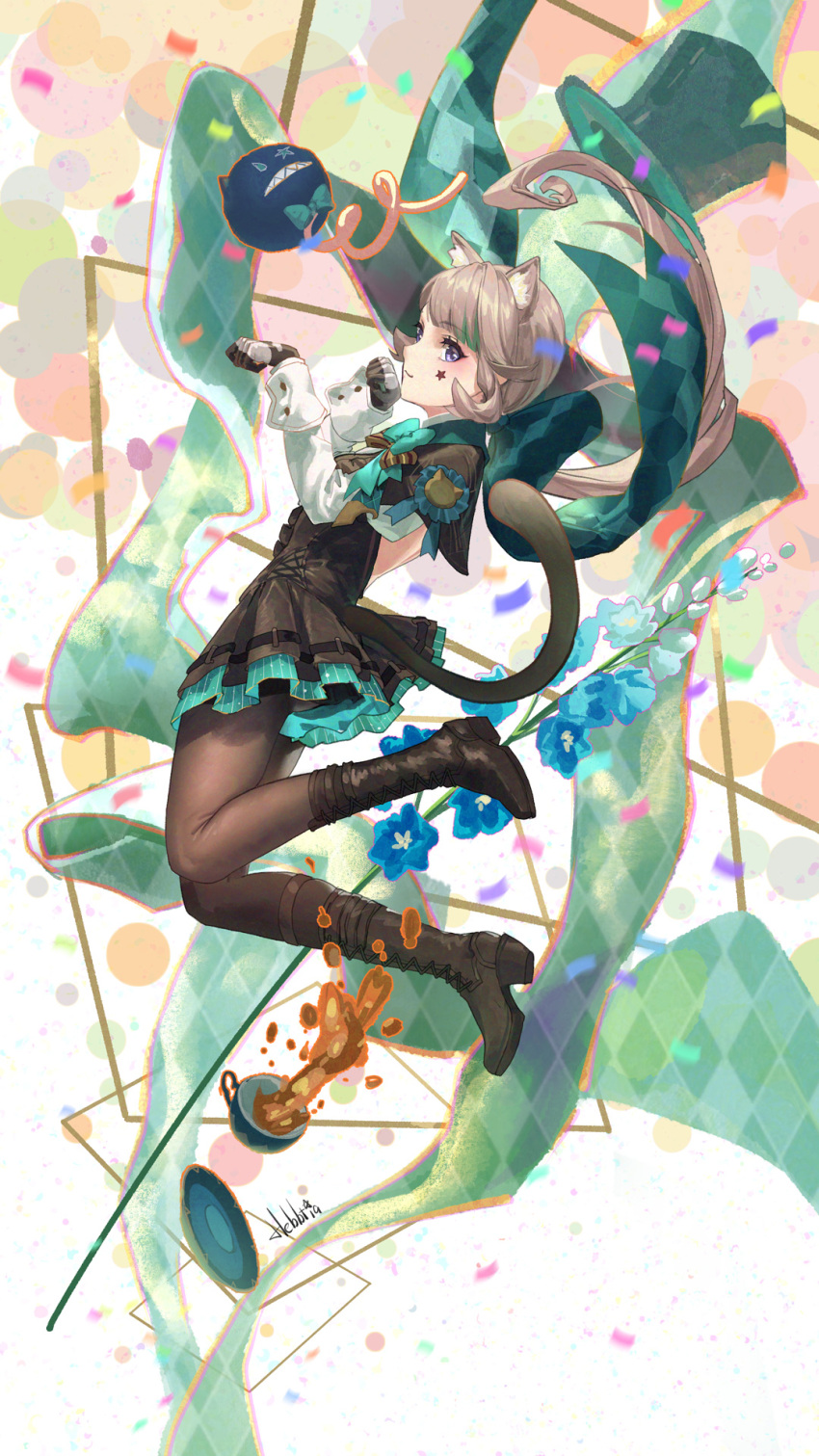 1girl animal_ears artist_name black_dress black_footwear black_gloves black_pantyhose boots bow cat_ears cat_girl cat_tail confetti cup dress facial_mark flower genshin_impact gloves green_bow grey_hair hair_bow hat hebbtia highres large_bow long_hair long_sleeves lynette_(genshin_impact) multicolored_hair pantyhose ponytail purple_eyes ribbon signature solo solo_focus star_(symbol) streaked_hair tail teacup top_hat two-tone_gloves