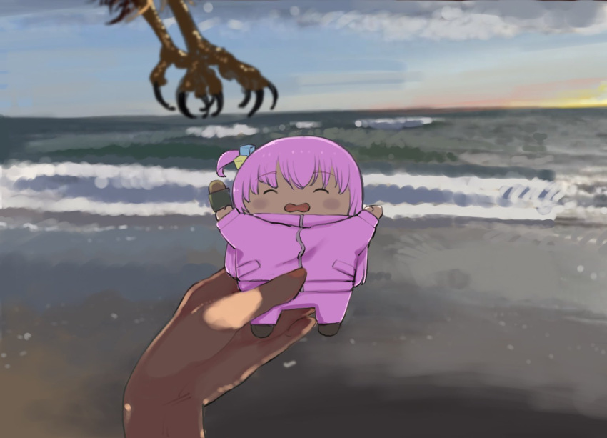 beach bird bocchi_the_rock! character_doll chiikawa_plush_stolen_by_hawk_(meme) commentary_request gotoh_hitori hand_up meme ocean outdoors oyomotin pov shore sunset water