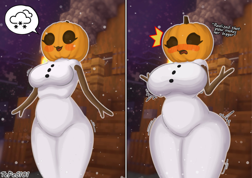 2024 anthro big_breasts breast_expansion breasts curvy_figure expansion female flustered food for_a_head fruit hail happy hi_res jack-o'-lantern microsoft minecraft mojang object_head open_mouth outside plant pumpkin pumpkin_head smile snow snow_golem snowman snowstorm solo standing tepes101 thick_thighs thigh_expansion white_body wide_hips xbox_game_studios