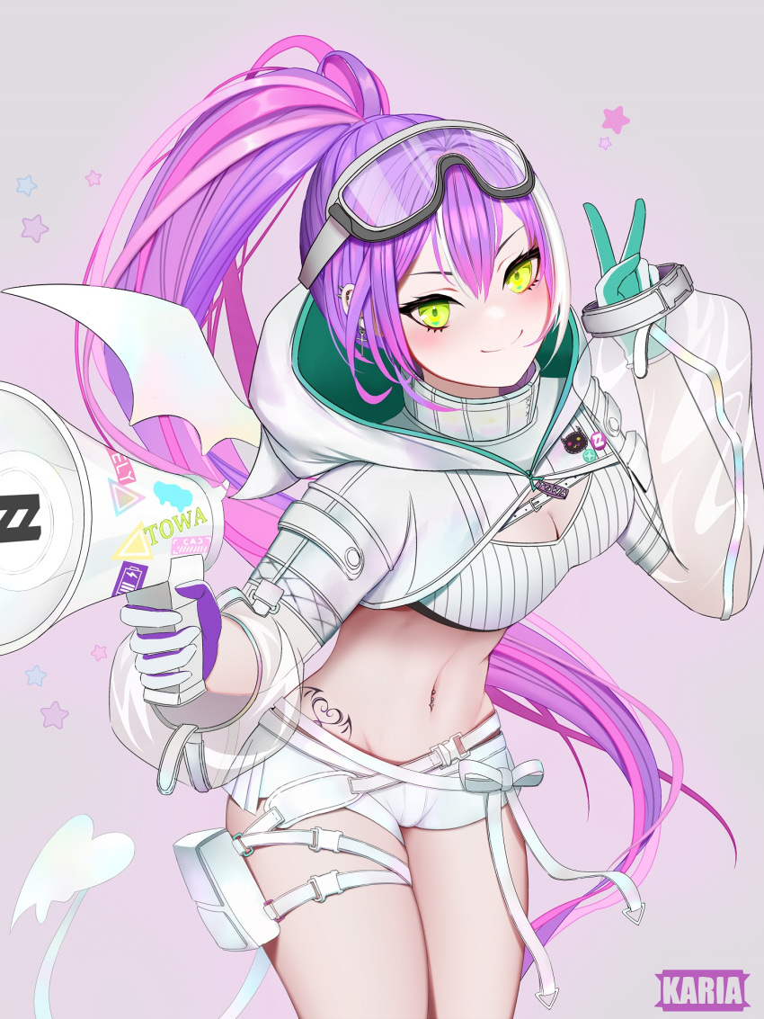 1girl artist_name badge bandeau blush breasts buckle button_badge demon_hood demon_tail ear_piercing gloves goggles goggles_on_head gradient_background green_eyes hair_ornament highres hip_tattoo holding holding_megaphone hololive hooded_shrug karia long_hair long_sleeves looking_at_viewer megaphone melting_tail multicolored_hair navel navel_piercing piercing pink_hair ponytail purple_hair ribbed_bandeau roller_skates see-through see-through_sleeves short_shorts shorts skates smile snap-fit_buckle snow_goggles solo star_(symbol) strap strapless streaked_hair tail tokoyami_towa tokoyami_towa_(5th_costume) tube_top two-sided_gloves v virtual_youtuber white_background white_bandeau white_gloves white_hair white_shorts white_shrug white_tail white_tube_top winged_heart_tattoo wings