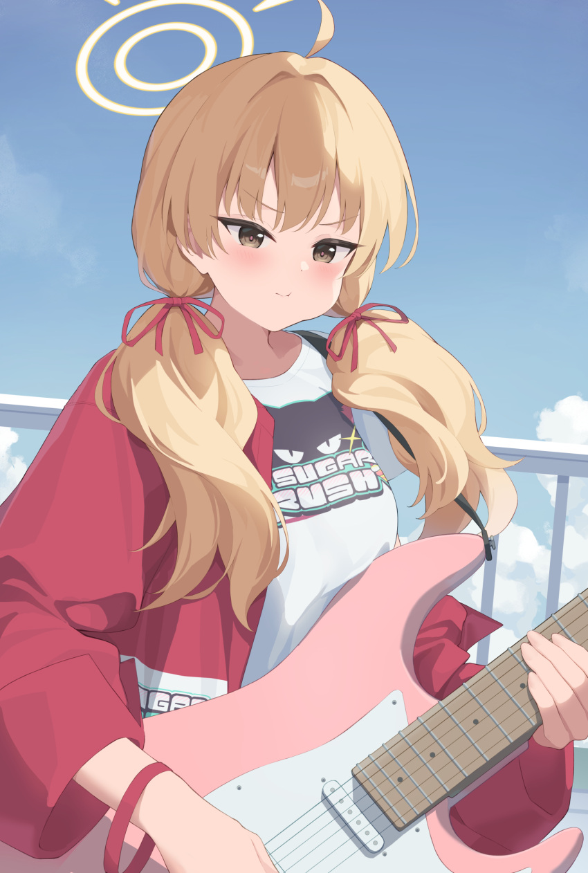 1girl absurdres ahoge blonde_hair blue_archive blush closed_mouth electric_guitar guitar halo highres holding holding_instrument hotarihotaru instrument jacket long_hair long_sleeves official_alternate_costume open_clothes open_jacket red_jacket shirt solo twintails white_shirt yellow_eyes yellow_halo yoshimi_(band)_(blue_archive) yoshimi_(blue_archive)