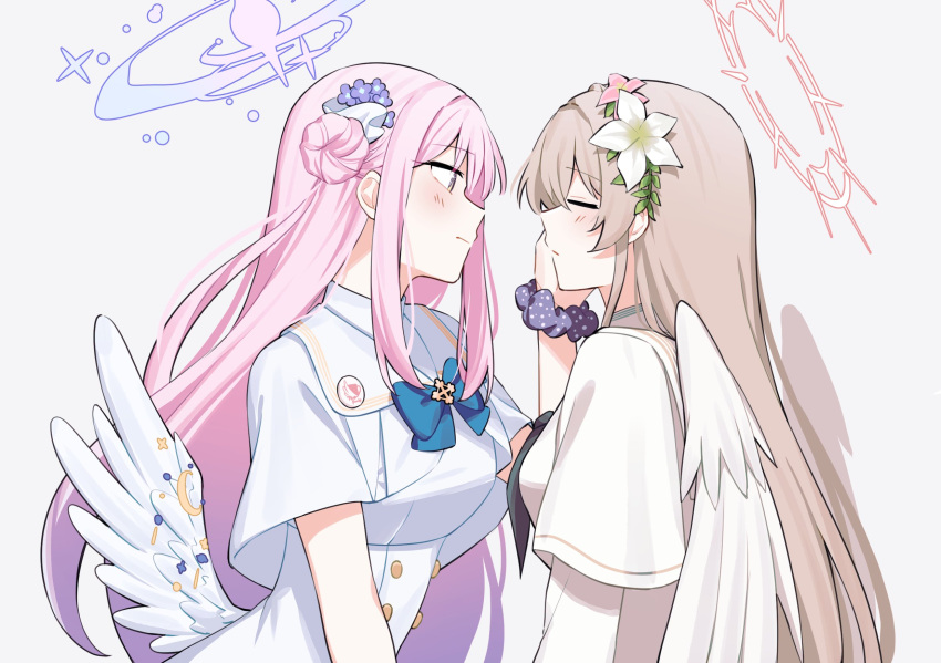 2girls angel_wings blue_archive blue_bow blue_bowtie blush bow bowtie brown_hair capelet closed_mouth coconatt021 commentary dress flower hair_bun hair_flower hair_ornament halo hand_on_another's_face highres long_hair looking_at_viewer low_wings mika_(blue_archive) multiple_girls nagisa_(blue_archive) pink_flower pink_hair purple_flower scrunchie simple_background single_side_bun upper_body white_background white_capelet white_dress white_flower wings wrist_scrunchie yuri