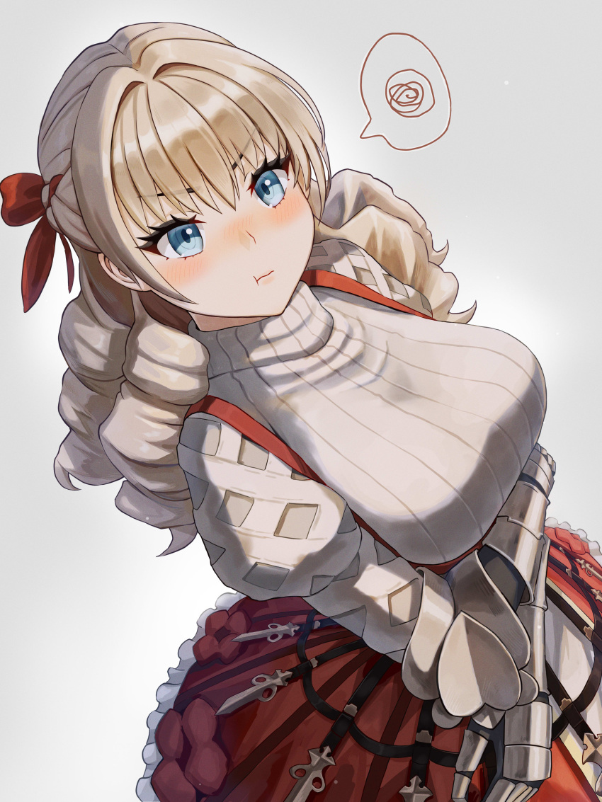 1girl absurdres arms_under_breasts blonde_hair blue_eyes blush bow braid breasts closed_mouth cowboy_shot dress drill_hair eyelashes frilled_dress frills from_above gauntlets grey_background hair_between_eyes hair_bow hair_ornament half_updo highres isome large_breasts long_hair looking_at_viewer nose_blush pout puffy_sleeves quad_drills ribbed_sweater scarlett_(unicorn_overlord) simple_background solo spoken_squiggle squiggle sweater turtleneck turtleneck_sweater unicorn_overlord v-shaped_eyebrows vambraces