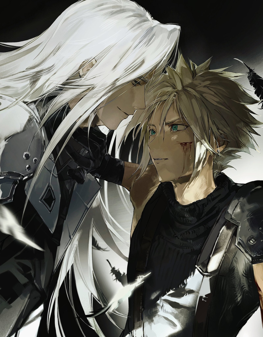 2boys aqua_eyes black_coat black_feathers black_gloves blonde_hair blood blood_on_face closed_mouth cloud_strife coat crying falling_feathers feathers final_fantasy final_fantasy_vii final_fantasy_vii_rebirth final_fantasy_vii_remake furrowed_brow gloves hair_between_eyes hand_on_another's_neck highres injury long_bangs long_hair looking_at_another male_focus multiple_boys parted_bangs parted_lips sephiroth short_hair single_bare_shoulder single_shoulder_pad sleeveless sleeveless_turtleneck smile spiked_hair suspenders tears turtleneck upper_body white_hair yaoi yiran_toru