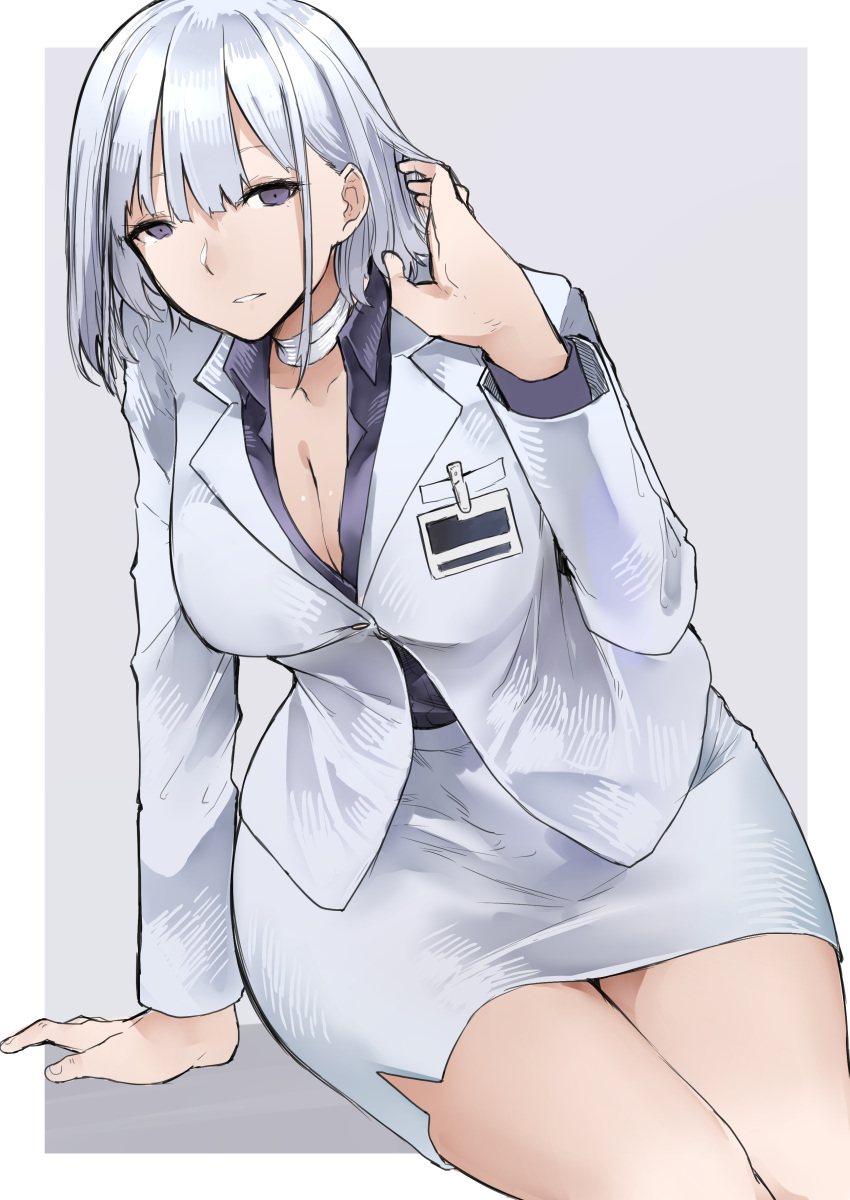1girl absurdres arm_support bandaged_neck bangs breasts cleavage collared_shirt formal girls_frontline grey_blazer grey_skirt hair_behind_ear highres id_card kyoyakyo large_breasts miniskirt pale_skin parted_lips purple_eyes purple_shirt rpk-16_(girls_frontline) shirt short_hair silver_hair sitting skirt skirt_suit suit thighs