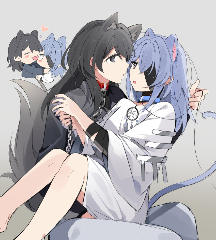 2girls animal_ears bandaged_wrist bandages black_bandages black_eyes black_hair black_shirt blue_hair cat_ears cat_girl cat_tail chain chain_leash chief_(path_to_nowhere) collar collared_shirt commentary_request dog_ears dog_girl dog_tail dream_catcher eye_contact eyepatch female_chief_(path_to_nowhere) gradient_background grey_background hecate_(path_to_nowhere) highres holding holding_leash kemonomimi_mode korean_commentary leash licking licking_another's_face long_hair looking_at_another multiple_girls one_eye_covered open_mouth path_to_nowhere sappazell shirt sitting sitting_on_lap sitting_on_person skirt tail white_shirt white_skirt yuri