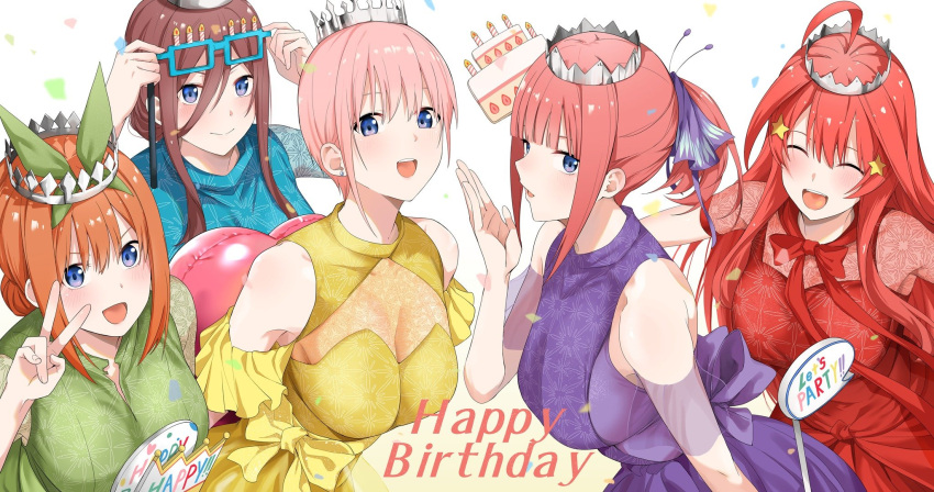 5girls :d ahoge birthday_cake birthday_glasses black_ribbon blue-framed_eyewear blue_dress blue_eyes breasts brown_hair butterfly_hair_ornament cake chicke_iii commentary_request crown detached_sleeves dress food go-toubun_no_hanayome green_dress green_hairband hair_ornament hair_ribbon hairband happy_birthday highres large_breasts long_hair_between_eyes multiple_girls nakano_ichika nakano_itsuki nakano_miku nakano_nino nakano_yotsuba orange_hair pink_hair ponytail purple_dress quintuplets red_dress red_hair ribbon simple_background smile star_(symbol) star_hair_ornament v white_background yellow_dress