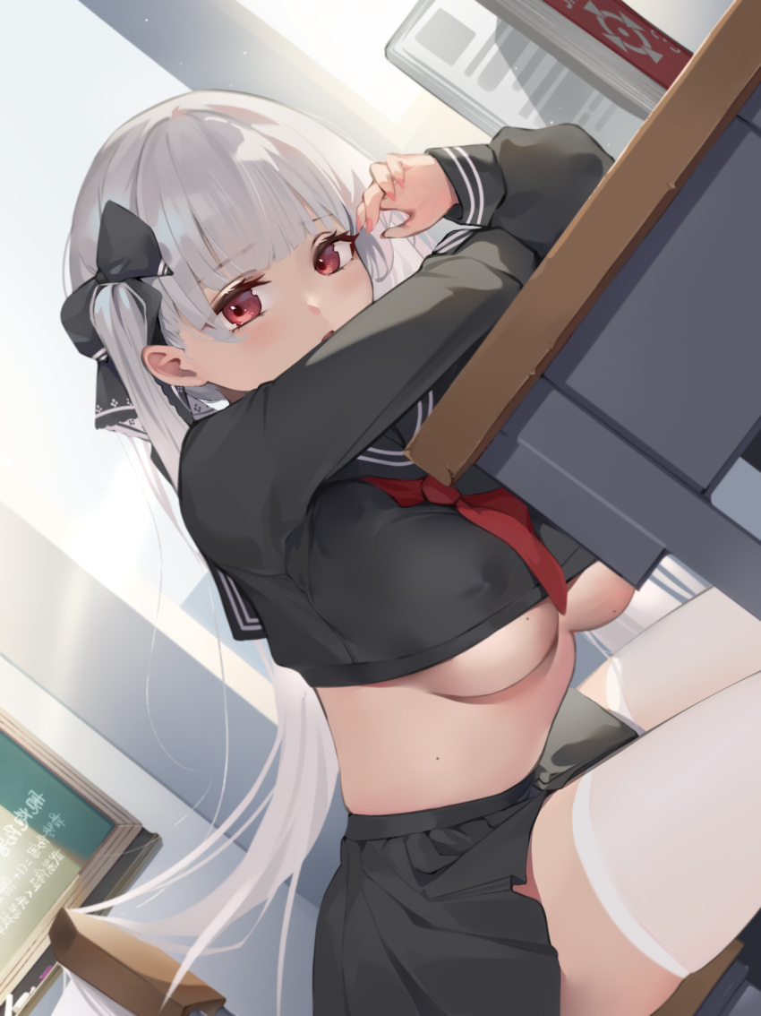 1girl azur_lane black_sailor_collar black_serafuku book breasts crop_top dutch_angle formidable_(azur_lane) formidable_(the_lover's_heart_flutters_on_duty)_(azur_lane) grey_hair highres jiuxiaocan_yin large_breasts long_hair looking_at_viewer neckerchief official_alternate_costume red_eyes red_neckerchief sailor_collar school_uniform serafuku sitting solo thighhighs twintails two-sided_ribbon two-tone_ribbon underboob very_long_hair white_thighhighs