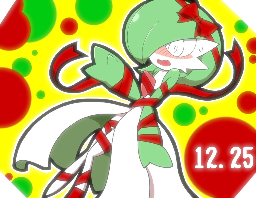 blush bob_cut bow colored_skin dress envi55109095 gardevoir green_hair highres multicolored_background multicolored_skin open_mouth pokemon pokemon_(creature) red_bow red_ribbon restrained ribbon sweatdrop two-tone_skin white_dress white_skin