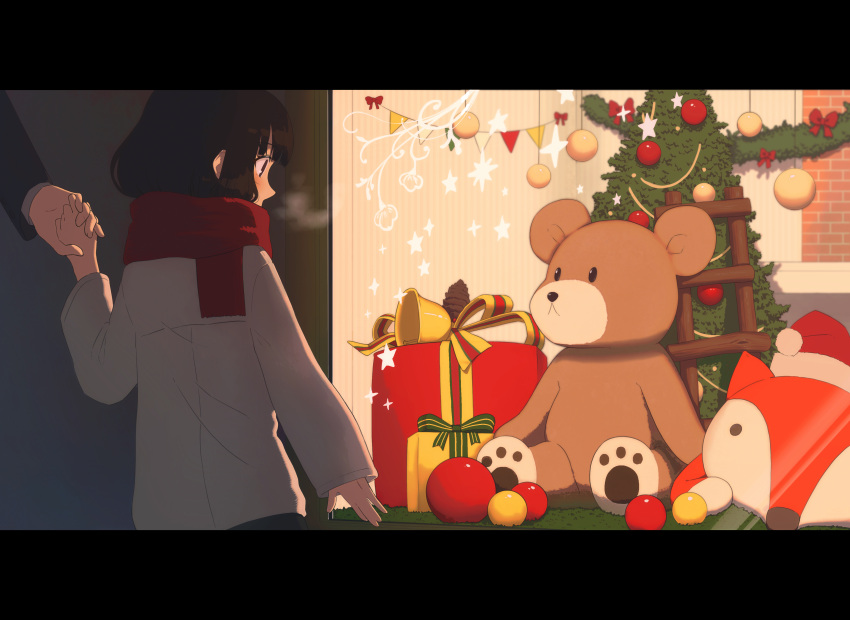 1boy 1girl absurdres black_eyes black_hair bow box breath bunting child christmas christmas_ornaments christmas_tree father_and_daughter gift gift_box grey_jacket hat highres holding_hands jacket large_teddy_bear letterboxed nuwara_eliya original red_bow red_scarf santa_hat scarf solo_focus star_(symbol) storefront stuffed_animal stuffed_fox stuffed_toy teddy_bear window