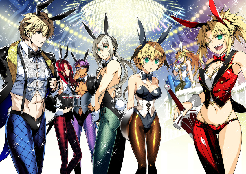 3girls 4boys adjusting_eyewear animal_ears arms_behind_back artoria_pendragon_(all) artoria_pendragon_(swimsuit_ruler)_(fate) asymmetrical_clothes asymmetrical_legwear bare_shoulders bedivere bikini_briefs black-framed_eyewear black_legwear blonde_hair blue_legwear blue_leotard blue_neckwear blush bow bowtie braid breasts bunny_boy bunny_ears bunny_girl card clarent cleavage closed_eyes coattails collarbone cowboy_shot crossed_legs detached_collar eyebrows_visible_through_hair fangs fate/apocrypha fate/extra fate/grand_order fate_(series) feet_out_of_frame fishnets full_body gareth_(fate/grand_order) gawain_(fate/extra) glasses green_eyes hair_between_eyes hand_on_hip high_heels highres holding holding_sword holding_weapon holster ishida_akira lancelot_(fate/grand_order) large_breasts leotard long_hair looking_at_viewer male_underwear martini medium_breasts mordred_(fate) mordred_(fate)_(all) mother_and_daughter multiple_boys multiple_girls navel one_eye_closed open_mouth pants pantyhose playing_card ponytail purple_eyes purple_hair purple_legwear railing red_legwear red_neckwear red_pants red_vest short_hair siblings silver_hair single_pantsleg sisters sitting sitting_on_railing sleeveless smile sparkle sparkle_background standing strapless strapless_leotard suspenders sweatdrop sword tan teeth tongue toy_sword tray tristan_(fate/grand_order) underwear vest waistcoat weapon white_leotard wrist_cuffs