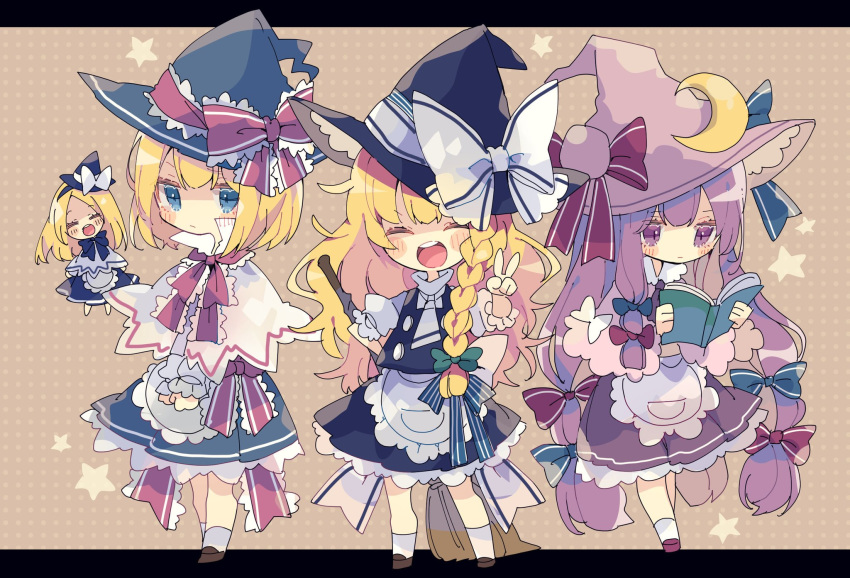3girls adapted_costume alice_margatroid apron back_bow bangs black_headwear black_skirt black_vest blonde_hair blue_bow blue_eyes blue_headwear blue_skirt blush_stickers book bow braid broom brown_footwear capelet chibi closed_eyes commentary_request crescent crescent_moon_pin facing_viewer frills full_body green_bow hair_bow hand_on_hip hand_up hat hat_bow highres holding holding_book kirisame_marisa long_hair long_sleeves multiple_girls nikorashi-ka open_mouth patchouli_knowledge polka_dot polka_dot_background puffy_short_sleeves puffy_sleeves purple_eyes purple_footwear purple_hair purple_headwear purple_neckwear purple_skirt reading red_bow shanghai_doll shirt shoes short_hair short_shorts short_sleeves shorts single_braid skirt smile socks star_(symbol) touhou v very_long_hair vest waist_apron white_bow white_legwear white_neckwear white_shirt witch witch_hat