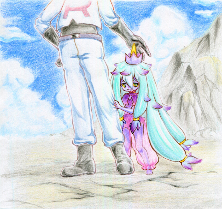 1boy 1girl barefoot belt blue_eyes blue_hair blue_sky boots cloud colored_pencil_(medium) colored_sclera colored_skin crown dress fang highres holding_another's_leg james_(pokemon) long_hair mareanie momoebi mountain personification pokemon purple_dress purple_skin rock see-through see-through_legwear shy size_difference sky traditional_media yellow_sclera