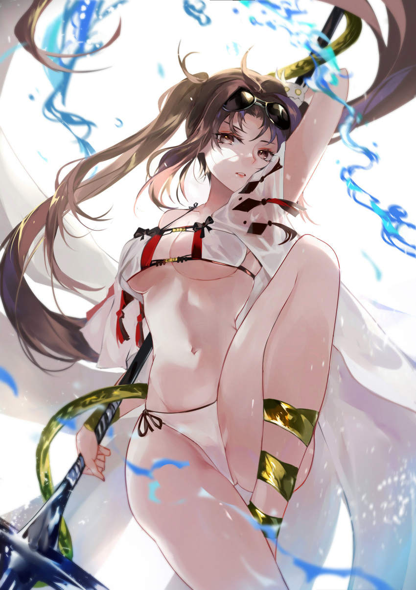 1girl anklet arm_up bare_legs bare_shoulders bikini black-framed_eyewear black_bow black_ribbon bow breasts brown_eyes brown_hair commentary_request consort_yu_(fate) eyewear_on_head fate/grand_order fate_(series) hair_ornament highres holding holding_weapon jewelry leg_up long_hair looking_at_viewer medium_breasts navel parted_lips polearm red_lips ribbon see-through side-tie_bikini simple_background smile solo spear splashing stomach sunglasses swimsuit thighs underboob v-shaped_eyebrows vardan very_long_hair water weapon white_background white_bikini yu_miaoyi_(swimsuit_lancer)