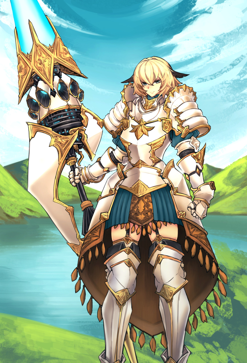 1girl alternate_costume armor armored_boots black_hair blonde_hair boots breastplate casul fate/grand_order fate_(series) gareth_(fate/grand_order) gauntlets highres hill lake lance multicolored_hair older pauldrons polearm shoulder_armor solo thighs two-tone_hair weapon