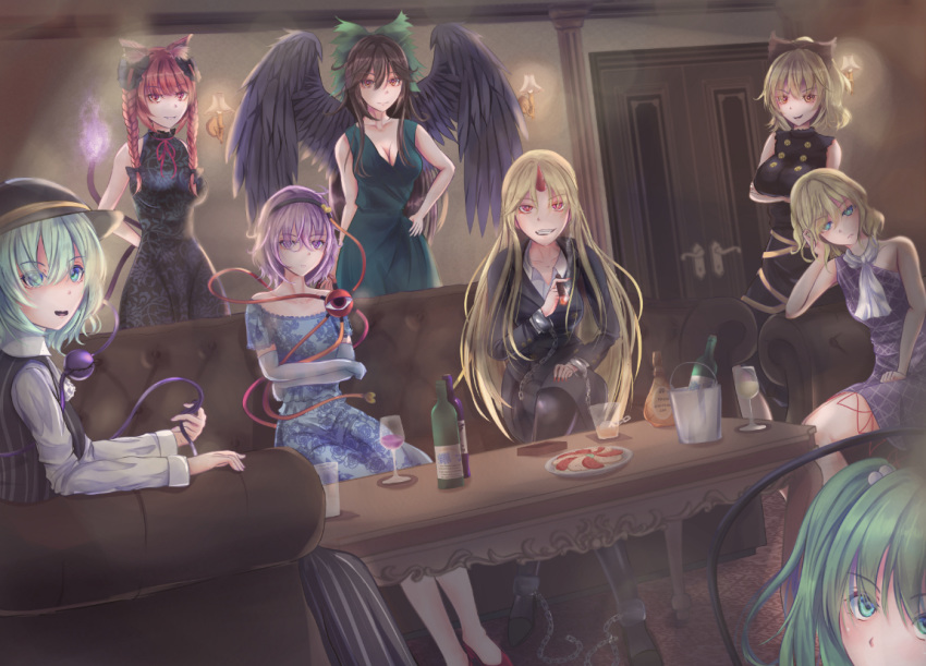 6+girls alcohol alternate_costume animal_ears aqua_hair arms_behind_back arms_under_breasts bangs bare_arms bird_wings black_dress black_hair black_headwear black_jacket black_legwear black_skirt blonde_hair blue_dress blue_eyes bottle boutonniere braid breasts carnation cat_ears cat_tail chain chair cigar cleavage commentary_request contemporary couch crossed_arms crossed_legs cuffs cup door dress drinking_glass dutch_angle elbow_gloves eyebrows_visible_through_hair eyes_visible_through_hair feathered_wings floral_print flower food gloves green_dress green_eyes grin hair_ornament hair_ribbon hairband hand_on_hip hat head_in_hand head_tilt heart heart_hair_ornament holding holding_cigar horns hoshiguma_yuugi ice_bucket indoors jacket kaenbyou_rin kisume komeiji_koishi komeiji_satori kurodani_yamame large_breasts long_hair long_sleeves looking_at_viewer mizuhashi_parsee multiple_girls multiple_tails niradama_(nira2ratama) on_couch open_mouth pantyhose parted_bangs pencil_skirt pinstripe_skirt pinstripe_vest plate purple_eyes purple_hair red_eyes red_footwear red_hair reiuji_utsuho ribbon scarf sconce shackles sharp_teeth shirt short_hair short_sleeves single_horn single_strap sitting skirt sleeveless sleeveless_dress small_breasts smile subterranean_animism suit_jacket table tail teeth third_eye touhou twin_braids two_side_up very_long_hair whiskey white_gloves white_scarf white_shirt wine_bottle wine_glass wings