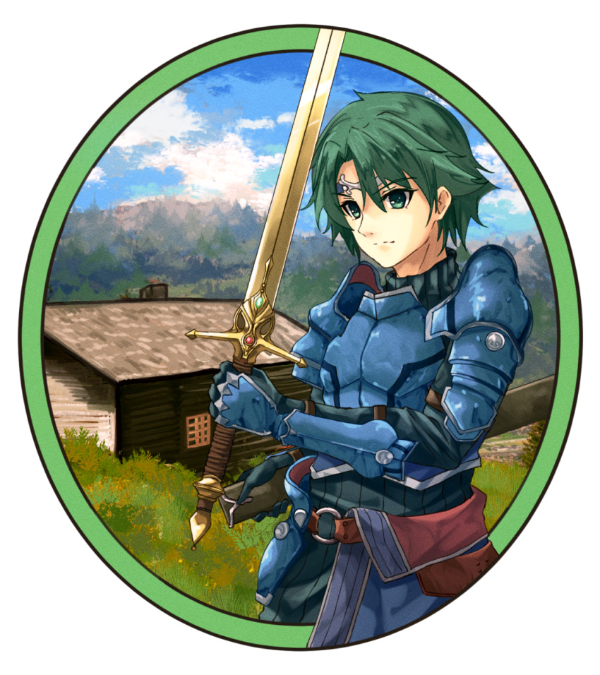 1boy alm_(fire_emblem) armor bangs breastplate circlet closed_mouth day eyebrows_visible_through_hair fire_emblem fire_emblem_echoes:_shadows_of_valentia fuussu_(21-kazin) green_eyes green_hair hair_between_eyes highres holding holding_sheath holding_sword holding_weapon male_focus outdoors sheath shoulder_armor spaulders standing sword weapon