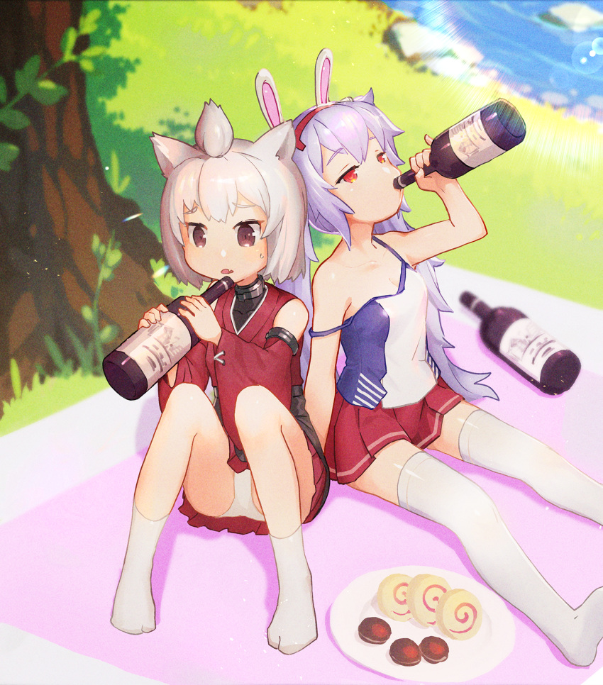 2girls animal_ears azur_lane bangs bare_shoulders blue_camisole bluesnail bottle breasts brown_eyes bunny_ears camisole cleavage collarbone commentary_request covered_collarbone day detached_sleeves drinking eyebrows_visible_through_hair fake_animal_ears fang food full_body grass hair_between_eyes hairband highres holding holding_bottle japanese_clothes kimono knees_up laffey_(azur_lane) long_hair multiple_girls no_jacket no_shoes open_mouth outdoors panties pantyshot plate pleated_skirt pond red_eyes red_kimono red_skirt red_sleeves shadow short_hair shouhou_(azur_lane) sidelocks sitting skin_fang skirt sleeveless sleeveless_kimono small_breasts socks strap_slip sunlight sweatdrop thighhighs topknot tree twintails undershirt underwear very_long_hair white_camisole white_hair white_legwear white_panties wide_sleeves zettai_ryouiki