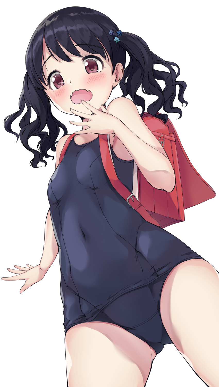 1girl absurdres ass_visible_through_thighs backpack bag bangs bare_arms bare_shoulders black_hair blue_flower blue_swimsuit blush breasts brown_eyes commentary_request eyebrows_visible_through_hair fangs flower fukumaru_koito hair_flower hair_ornament hand_up highres idolmaster idolmaster_shiny_colors kuroba_aki old_school_swimsuit one-piece_swimsuit open_mouth randoseru school_swimsuit simple_background small_breasts solo swimsuit twintails wavy_mouth white_background