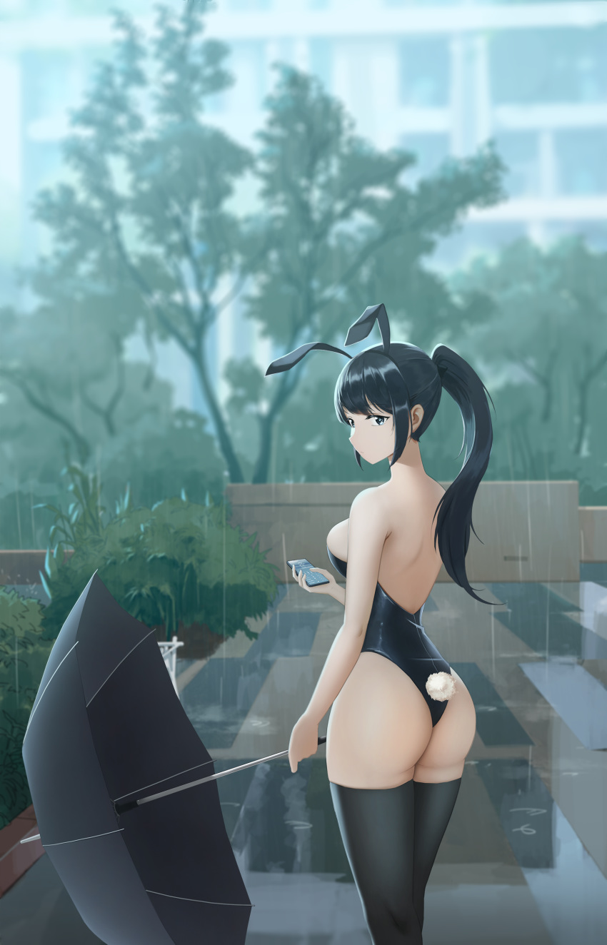 1girl absurdres animal_ears ass back bangs bare_arms bare_shoulders black_hair black_legwear black_umbrella blurry blurry_background blush breasts bunny_ears bunny_tail bunnysuit bush closed_mouth commentary_request cowboy_shot fake_animal_ears fake_tail from_behind gan-viking highres holding holding_phone holding_umbrella large_breasts leotard long_hair looking_at_viewer looking_back original outdoors phone ponytail rain skindentation solo standing strapless strapless_leotard tail thighhighs thighs tree umbrella water wrist_cuffs