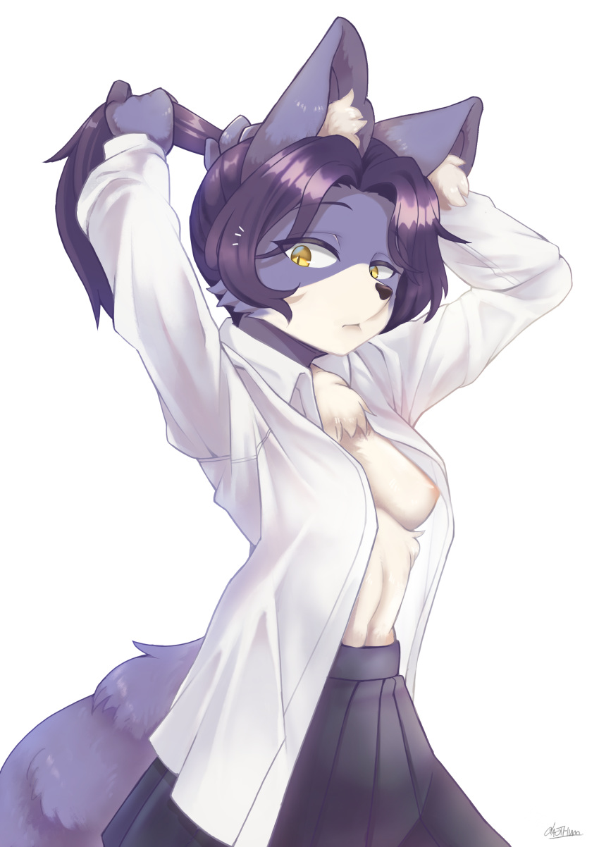 1girl absurdres adjusting_hair animal_ear_fluff animal_ears arms_behind_head arms_up bangs black_hair black_skirt breasts collared_shirt commentary cowboy_shot expressionless furry gaothun high_ponytail highres long_hair long_sleeves looking_at_viewer medium_breasts nipples no_bra open_clothes open_shirt original pleated_skirt ponytail purple_fur purple_hair shirt signature simple_background skirt solo stomach tail tying_hair white_background white_fur wolf wolf_ears wolf_tail yellow_eyes